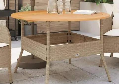 Masă grădină, blat din lemn acacia, bej, Ø110x71 cm poliratan - 1/5