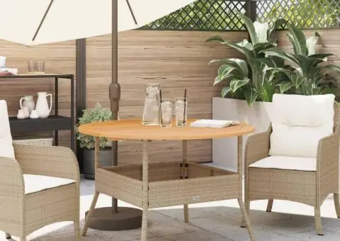 Masă grădină, blat din lemn acacia, bej, Ø110x71 cm poliratan - 3/5