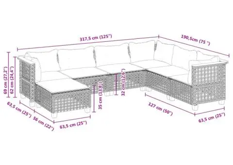 Set canapele de grădină cu perne, 7 piese, negru, poliratan - 4/5