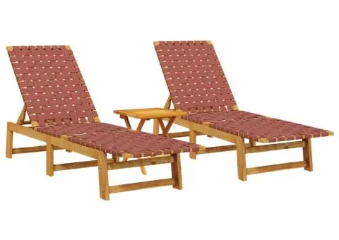Șezlonguri, 2 buc., cu masă, roșu, lemn masiv de acacia - 2/5