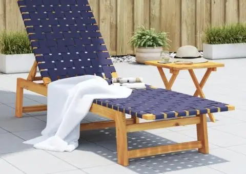 Șezlong cu masă, albastru închis, lemn masiv acacia și țesătură - 1/5