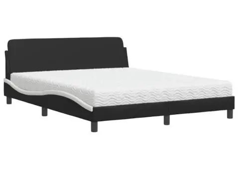 Pat cu saltea, negru și alb, 160x200 cm, piele ecologică - 2/5