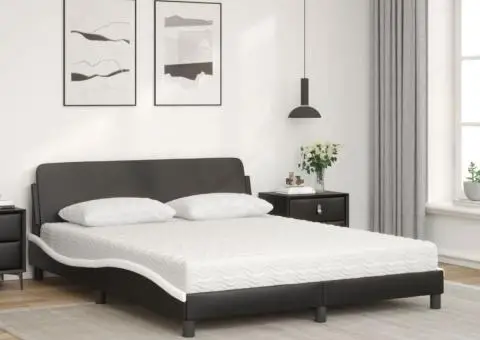 Pat cu saltea, negru și alb, 160x200 cm, piele ecologică - 3/5