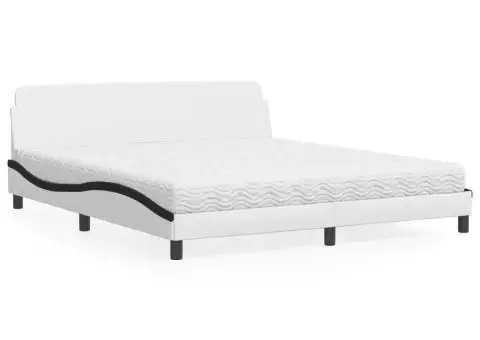 Pat cu saltea, alb și negru, 180x200 cm, piele ecologică - 1/5