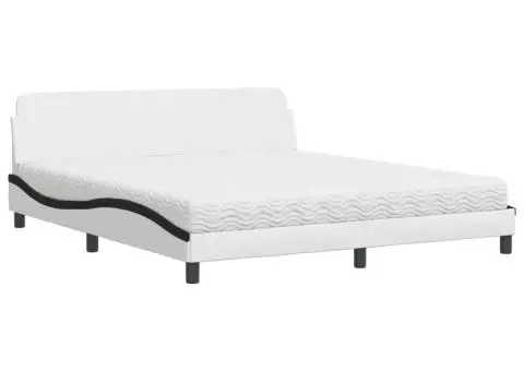 Pat cu saltea, alb și negru, 180x200 cm, piele ecologică - 2/5