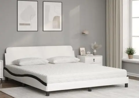 Pat cu saltea, alb și negru, 180x200 cm, piele ecologică - 3/5