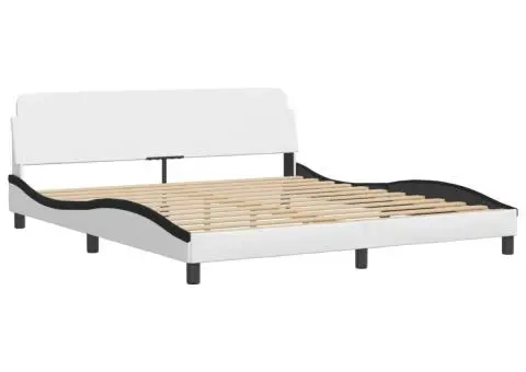 Pat cu saltea, alb și negru, 180x200 cm, piele ecologică - 4/5