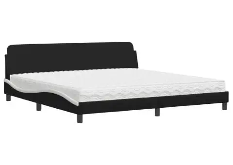 Pat cu saltea, negru și alb, 200x200 cm, piele ecologică - 2/5