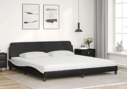 Pat cu saltea, negru și alb, 200x200 cm, piele ecologică - 3/5