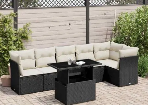 Set canapele de grădină cu perne, 7 piese, negru, poliratan - 1/5