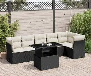vidaXL Set canapele de grădină cu perne, 7 piese, negru, poliratan