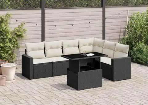 Set canapele de grădină cu perne, 7 piese, negru, poliratan - 1/5