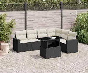 vidaXL Set canapele de grădină cu perne, 7 piese, negru, poliratan