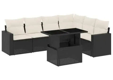 Set canapele de grădină cu perne, 7 piese, negru, poliratan - 2/5