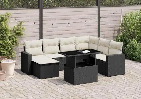 Set mobilier de grădină cu perne, 8 piese, negru, poliratan - 1/5