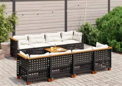 Set mobilier de grădină cu perne, 9 piese, negru, poliratan - 1/5