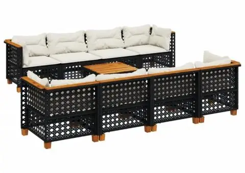 Set mobilier de grădină cu perne, 9 piese, negru, poliratan - 2/5
