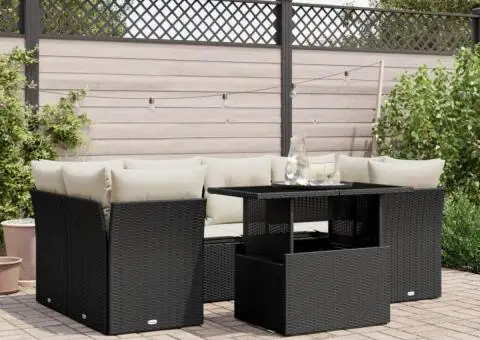 Set canapele de grădină cu perne, 7 piese, negru, poliratan - 1/5