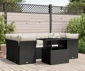 vidaXL Set canapele de grădină cu perne, 7 piese, negru, poliratan