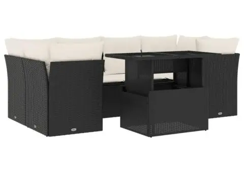 Set canapele de grădină cu perne, 7 piese, negru, poliratan - 2/5