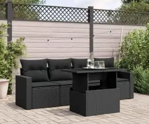 vidaXL Set mobilier de grădină cu perne, 5 piese, negru, poliratan