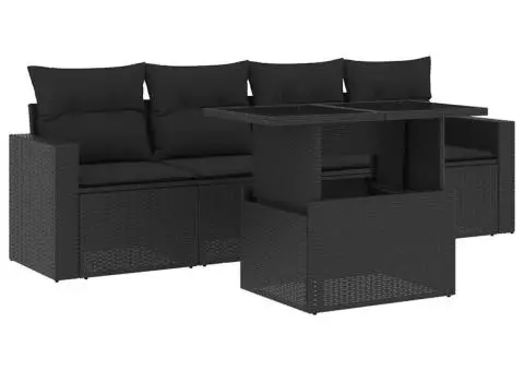 Set mobilier de grădină cu perne, 5 piese, negru, poliratan - 2/5