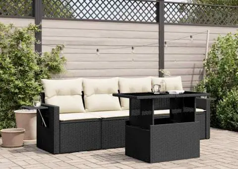 Set mobilier de grădină cu perne, 5 piese, negru, poliratan - 1/5