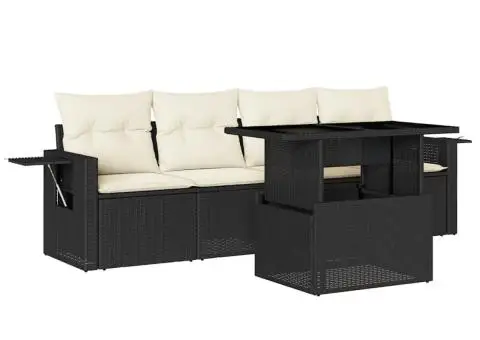 Set mobilier de grădină cu perne, 5 piese, negru, poliratan - 2/5