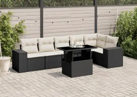 Set canapele de grădină cu perne, 7 piese, negru, poliratan - 1/5