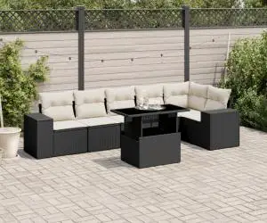 vidaXL Set canapele de grădină cu perne, 7 piese, negru, poliratan
