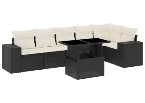 Set canapele de grădină cu perne, 7 piese, negru, poliratan - 2/5