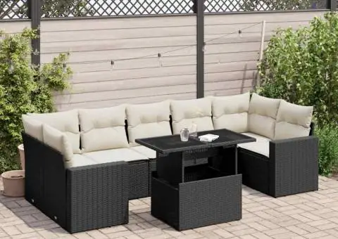 Set mobilier de grădină cu perne, 8 piese, negru, poliratan - 1/5