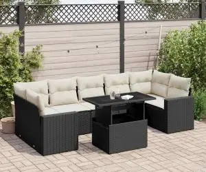 vidaXL Set mobilier de grădină cu perne, 8 piese, negru, poliratan