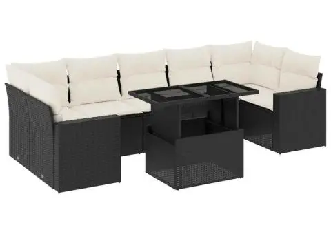 Set mobilier de grădină cu perne, 8 piese, negru, poliratan - 2/5