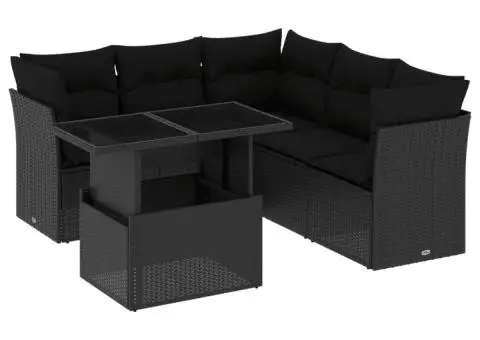 Set mobilier de grădină cu perne, 6 piese, negru, poliratan - 1/5