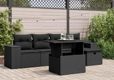 Set mobilier de grădină cu perne, 6 piese, negru, poliratan - 1/5