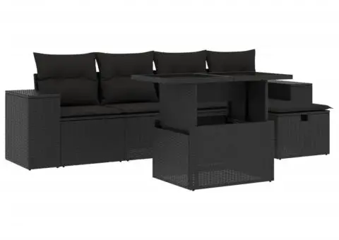 Set mobilier de grădină cu perne, 6 piese, negru, poliratan - 2/5