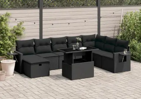 Set mobilier de grădină cu perne, 9 piese, negru, poliratan - 1/5