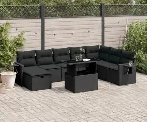 vidaXL Set mobilier de grădină cu perne, 9 piese, negru, poliratan