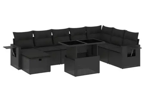 Set mobilier de grădină cu perne, 9 piese, negru, poliratan - 2/5