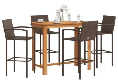 Set bar de grădină, 5 piese, maro, lemn masiv acacia/ poliratan - 1/5