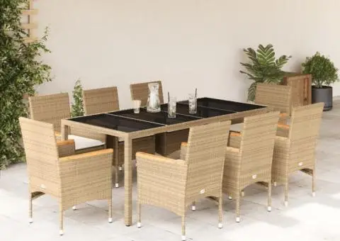 Set mobilier de grădină cu perne 9 piese bej poliratan & sticlă - 1/5