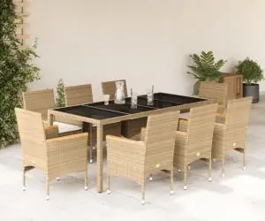 vidaXL Set mobilier de grădină cu perne 9 piese bej poliratan & sticlă