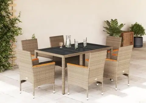 Set mobilier de grădină cu perne 7 piese bej poliratan & sticlă - 1/5
