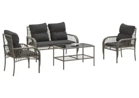 Set canapea de grădină cu perne, 4 piese, gri, poliratan - 3/5