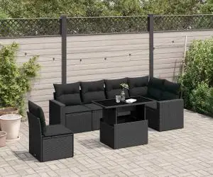 vidaXL Set canapele de grădină cu perne, 7 piese, negru, poliratan
