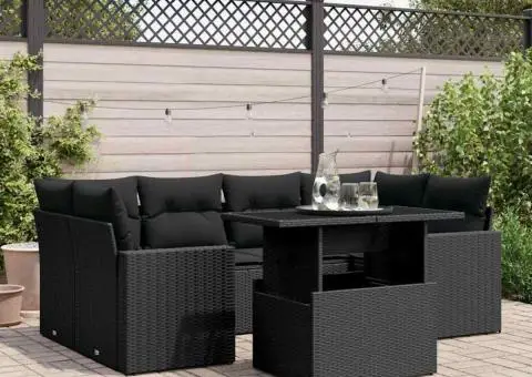 Set canapele de grădină cu perne, 7 piese, negru, poliratan - 1/5