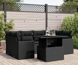 vidaXL Set canapele de grădină cu perne, 7 piese, negru, poliratan