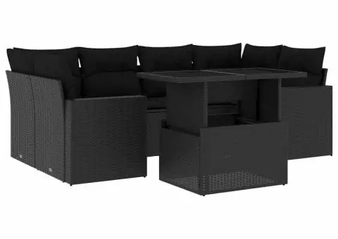 Set canapele de grădină cu perne, 7 piese, negru, poliratan - 2/5