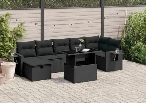Set mobilier de grădină cu perne, 8 piese, negru, poliratan - 1/5